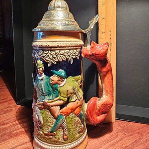 Vintage GERZ W. GERMANY Original GERZIT Fox Handle HUNTING Lidded Beer Stein